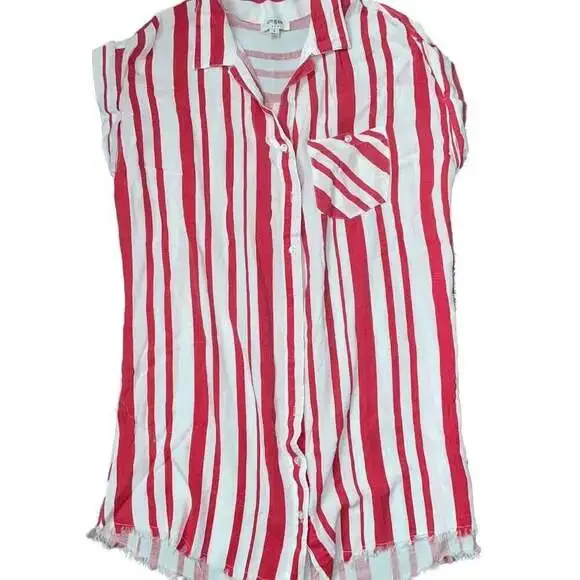 Umgee USA Red & White Stripe V Neck Pocket Shirt Dress with Frayed Bottom - Picture 1 of 4